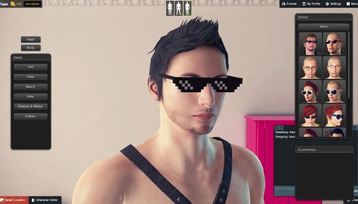 Editor für das Gesicht eines männlichen Avatars mit auswählbaren Optionen.