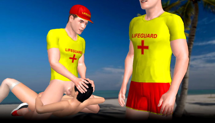 Rollenspielszene am Strand mit Avataren im Rettungsschwimmerstil.