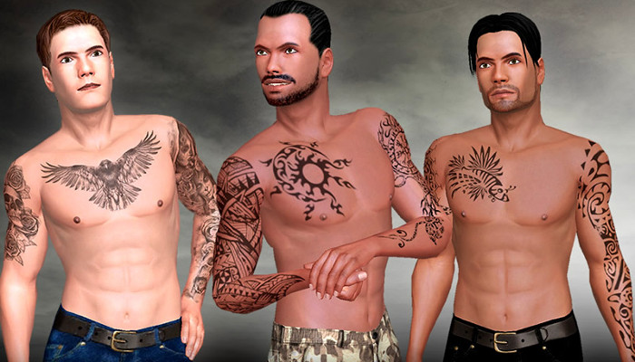 Drei männliche Avatare mit freiem Oberkörper und Brusttattoos.