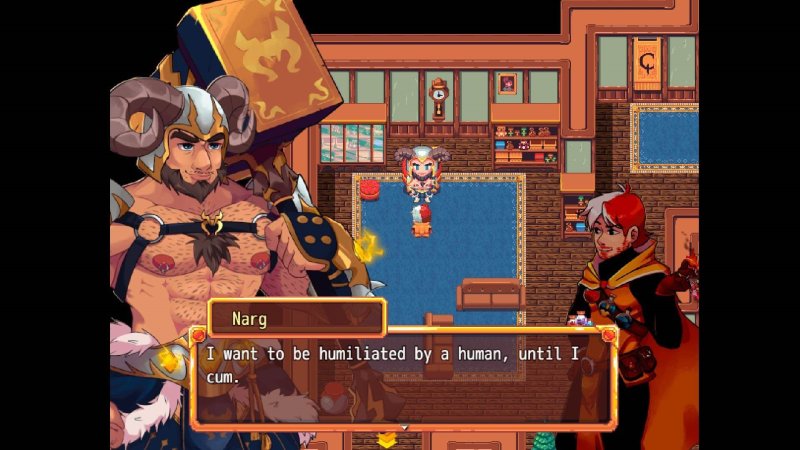 Pixelart-RPG-Dialog in einer Fantasytaverne – Bara Giants – Society of Pleasure.