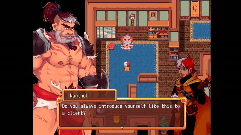 RPG-Dialogansicht mit großem Porträt einer muskulösen Figur – Bara Giants – Society of Pleasure.