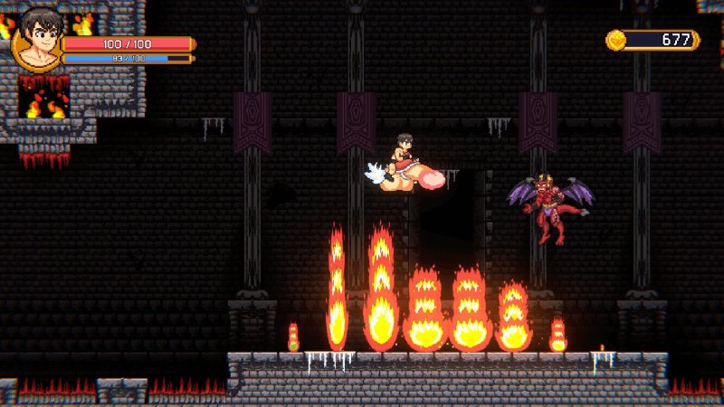 Seitlich dargestellter Kampf mit Flammen und Fantasygegnern – Boyfriend's Rescue.