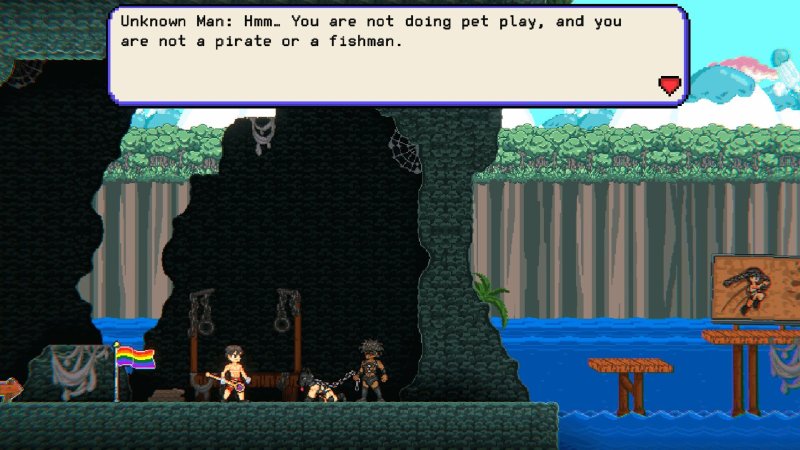 Pixelart-Dialog mit einer Figurensilhouette unter einem Torbogen – Boyfriend's Rescue.