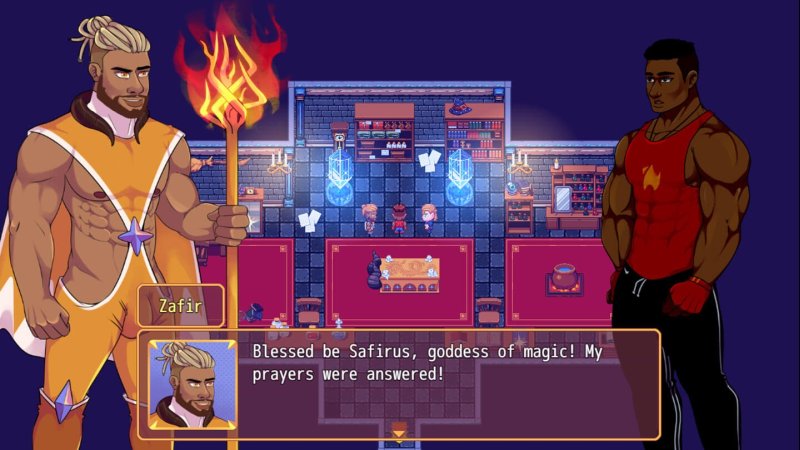 Fantasy-RPG-Dialog zwischen zwei männlichen Figuren – Burning Horns: A Bara Isekai JRPG.
