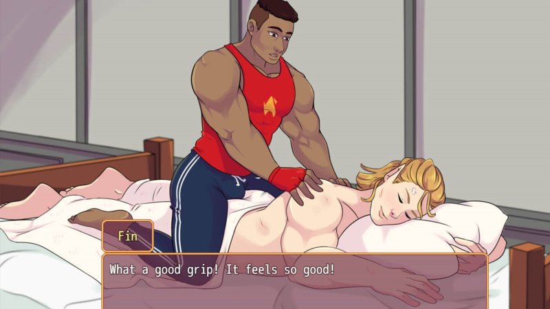 Illustrierter erwachsener Mann ruht in einer Visual-Novel-Szene neben einem Bett – Burning Horns: A Bara Isekai JRPG.