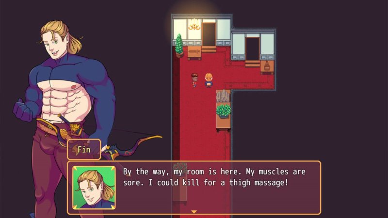 Pixelart-Gespräch mit einem muskulösen Krieger in einem Innenraum – Burning Horns: A Bara Isekai JRPG.