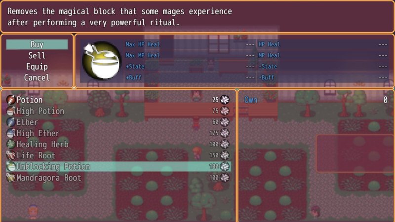 Inventar und Spieloberfläche des Fantasy-RPGs – Burning Horns: A Bara Isekai JRPG.