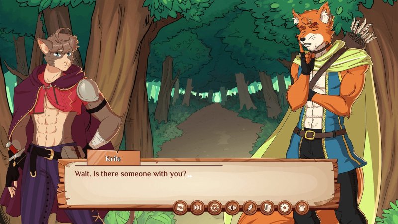 Furry-Visual-Novel-Dialog mit zwei Tierfiguren im Wald – Burrow of the Fallen Bear.