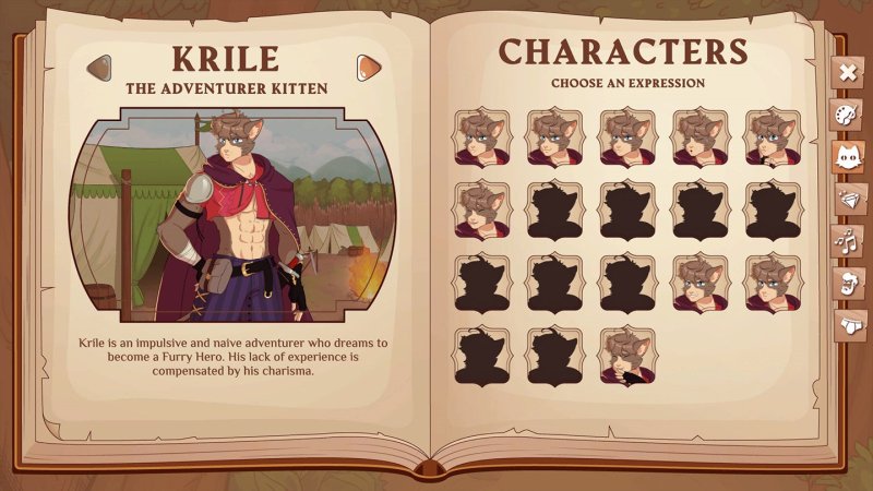 Figurenprofil als Buchseite mit einer Galerie von Furry-Porträts – Burrow of the Fallen Bear.