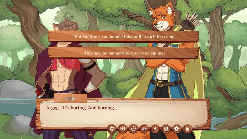 Dialog einer Furry-Fantasy-Visual-Novel in bewaldeter Umgebung – Burrow of the Fallen Bear.