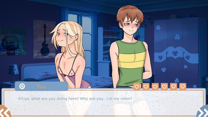 Anime-Visual-Novel-Dialog mit zwei illustrierten Figuren in einem Innenraum – Cross Love (Ep.1).