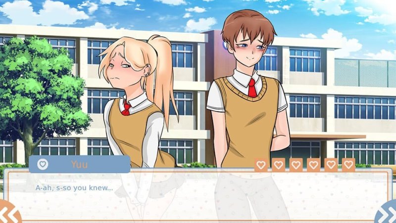Illustriertes Visual-Novel-Gespräch zwischen Animefiguren – Cross Love (Ep.1).