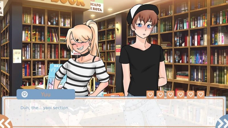 Dialog von Animefiguren in einem Raum mit vielen Büchern – Cross Love (Ep.1).