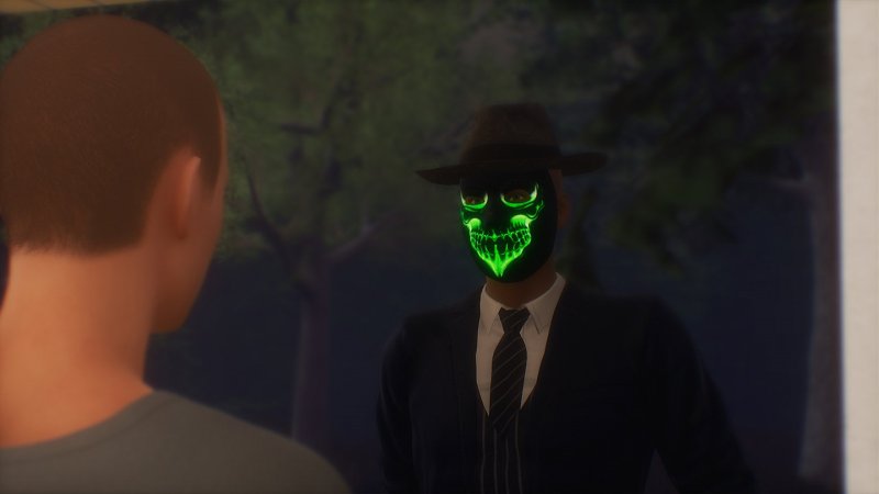 Erwachsene 3D-Figur mit leuchtender Maske in einem dunklen Raum – Cuckold House.