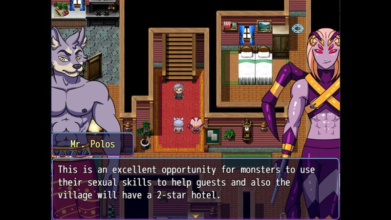 RPG-Dialog zwischen zwei illustrierten anthropomorphen Fantasyfiguren – Cumming Hotel.