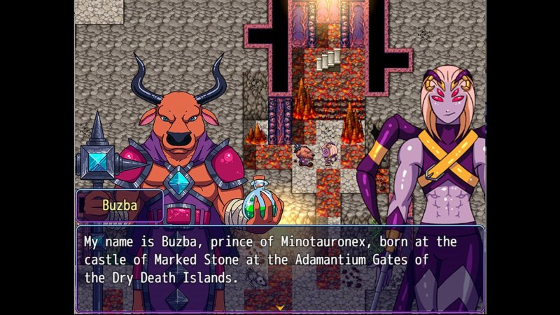 Von oben gezeigte RPG-Szene mit einem männlichen Furry-Dämonenkrieger in einem Innenraum – Cumming Hotel.