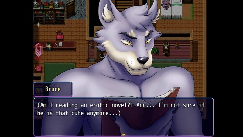 Porträt einer erwachsenen Furry-Figur während eines Visual-Novel-Gesprächs – Cumming Hotel.