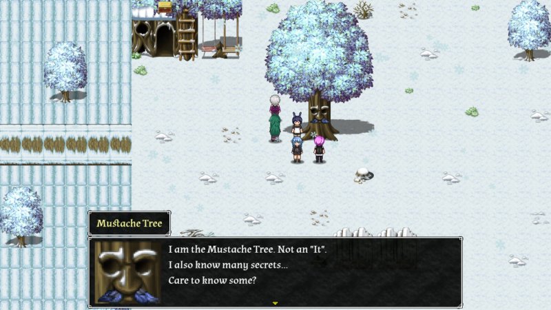 Verschneite RPG-Oberwelt mit Figuren bei einem Gebäude – Euclyca.
