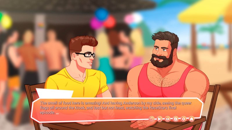 Zwei muskulöse erwachsene Männer sprechen in einem bunten Café am Meer – Freezer Pops: A Hot Bara Business.