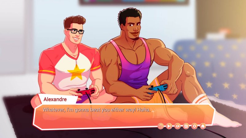 Bara-Visual-Novel-Dialog zwischen muskulösen männlichen Figuren – Freezer Pops: A Hot Bara Business.