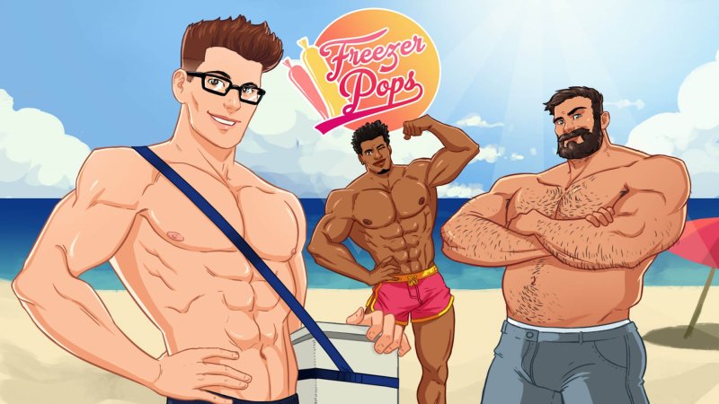 Werbeillustration einer Gruppe muskulöser erwachsener männlicher Figuren – Freezer Pops: A Hot Bara Business.