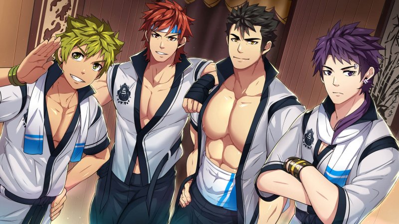 Vier männliche Visual-Novel-Figuren in weißen Hemden – Full Service.
