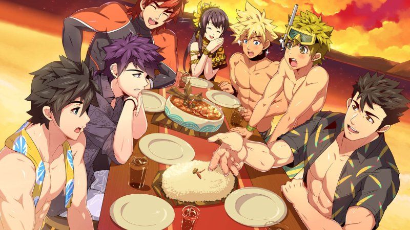 Gruppe männlicher Animefiguren bei einer gemeinsamen Mahlzeit – Full Service.