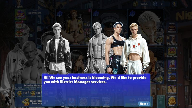 Visual-Novel-Dialog mit erwachsenen männlichen Figuren in Anzügen – Idle Studs.