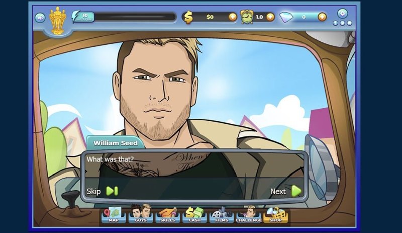 Männliche Cartoonfigur spricht in der Dialogoberfläche eines Datingspiels – Men Bang.