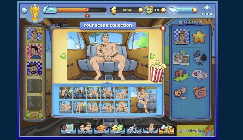 Auswahl männlicher Figuren und Romanzen-Szene in einem Clicker – Men Bang.