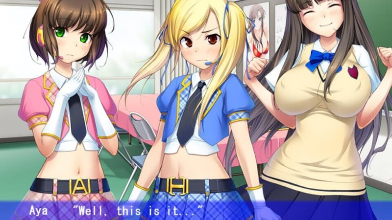 Anime-Visual-Novel-Gruppenporträt in aufeinander abgestimmten Bühnenkostümen – School Idol QT Cool.