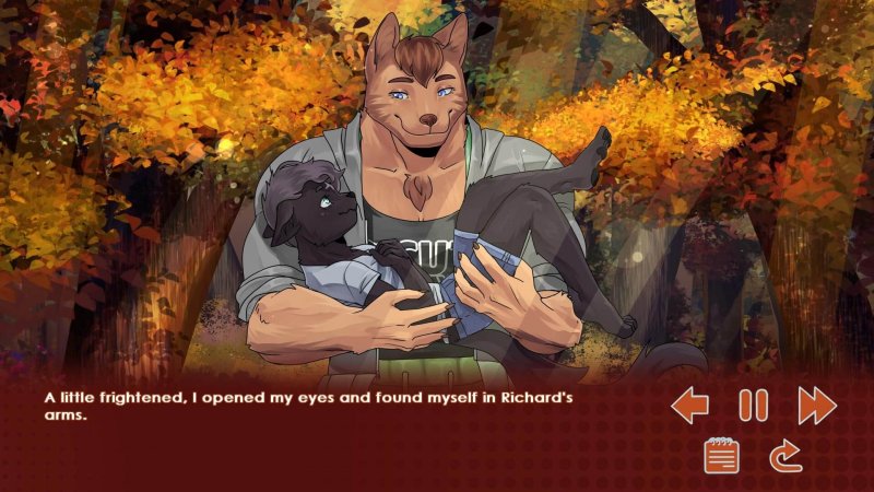 Männliche Furry-Visual-Novel-Figur liest im Freien in herbstlicher Umgebung – Run, Kitty!