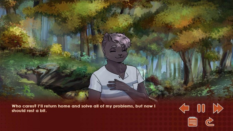 Furry-Geschichtenfigur geht durch einen Herbstwald – Run, Kitty!