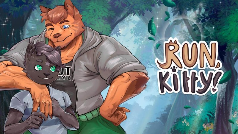 Illustriertes Cover mit einer männlichen Wolfs- und einer Katzenfigur – Run, Kitty!