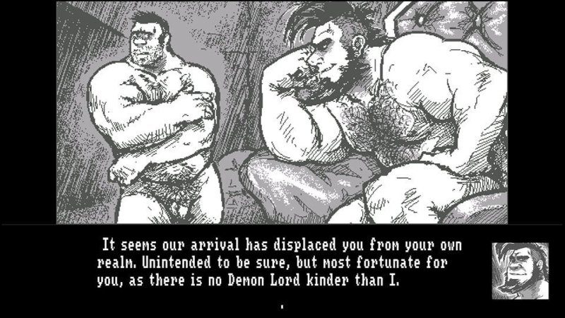 Gezeichneter Adventure-Dialog mit zwei illustrierten männlichen Figuren – See No Evil.