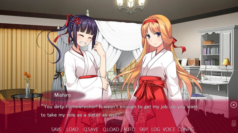 Anime-Dialog mit zwei Schreinfiguren in einem Innenraum – Trap Legend.
