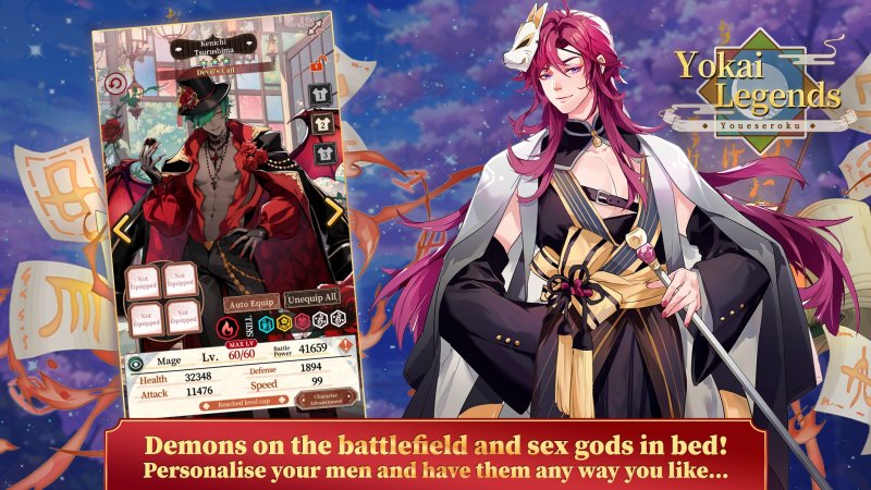 Werbeansicht des Karten-RPGs mit männlichen Yokai-Figuren – Yokai Legends.