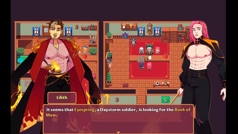Zwei Figuren sprechen in einer Fantasytaverne bei eingeblendetem Dialog – Yuki's Tale.