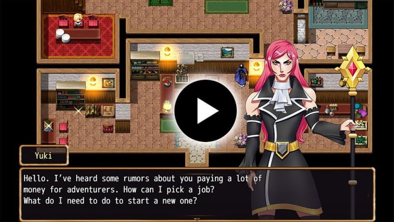 RPG-Innenraum aus der Vogelperspektive mit Figurenporträt und Dialog – Yuki's Tale.